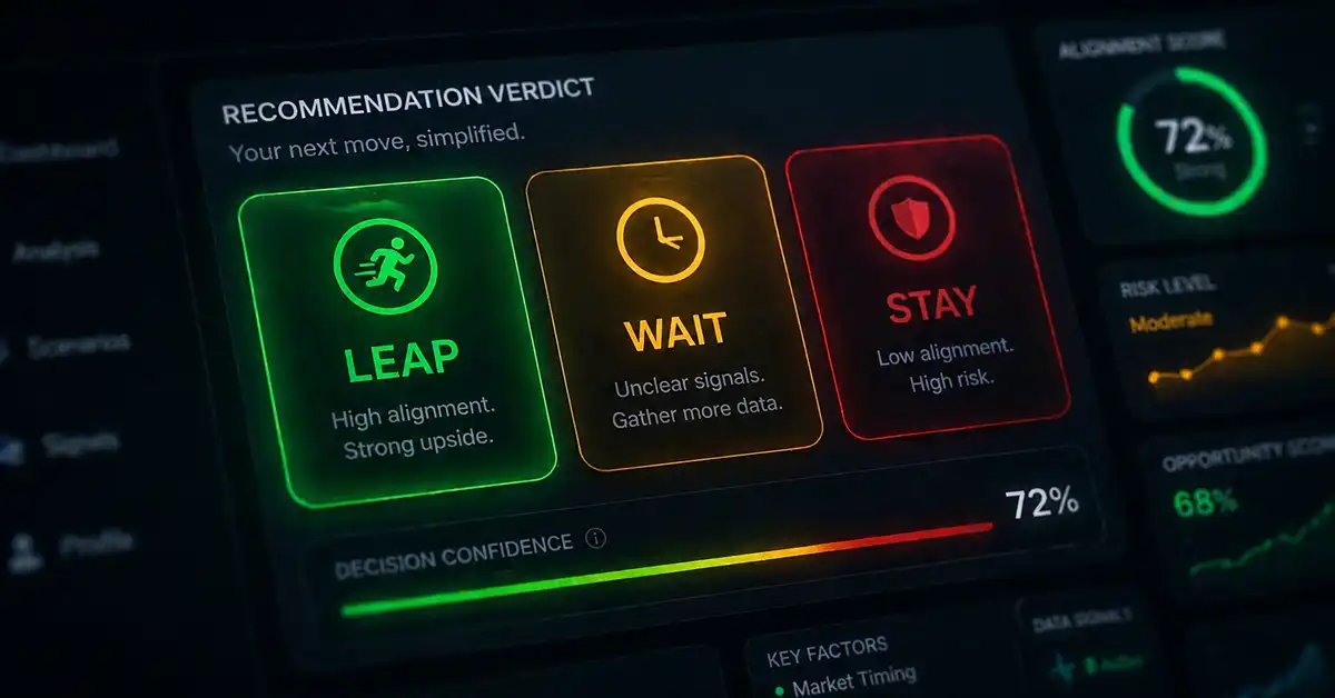 Dashboard showing Leap, Wait, and Stay career verdict scores explained