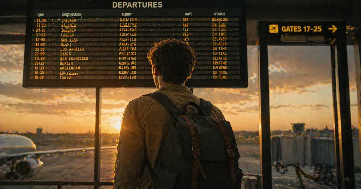 Traveller at an airport considering quitting their job to travel long-term