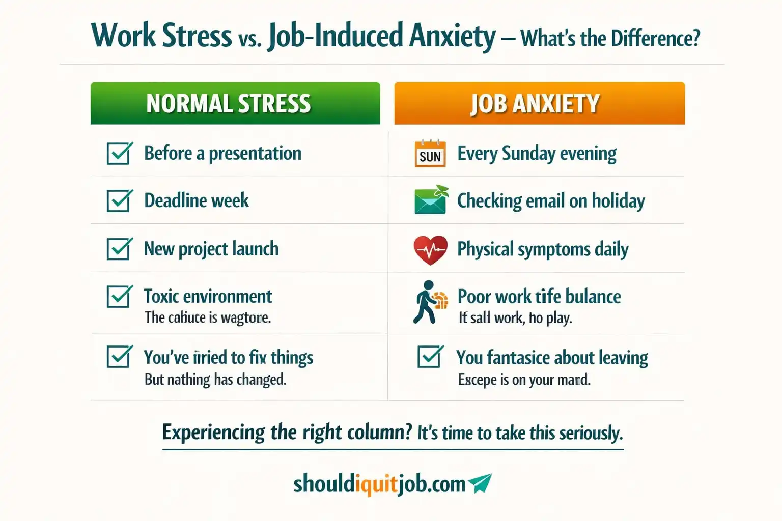 Two-column table comparing normal work stress symptoms versus job-induced anxiety symptoms